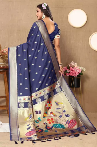 Navy blue paithani silk blend woven meenakari jacquard traditional rich ethnic saree
