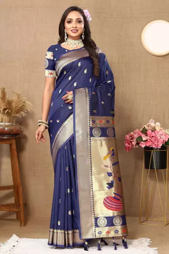 Navy blue paithani silk blend woven meenakari jacquard traditional rich ethnic saree