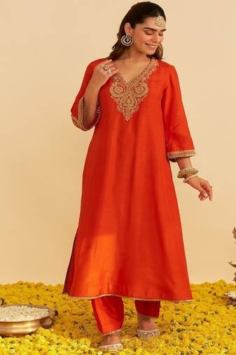 Orange embroidered silk kurta set