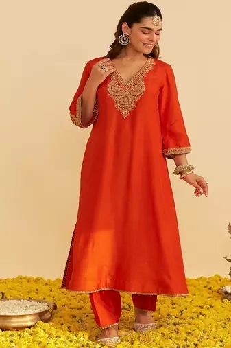 Orange embroidered silk kurta set