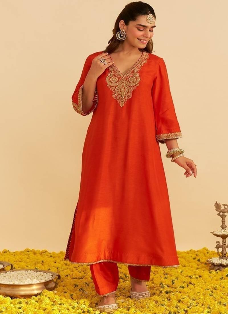 Orange embroidered silk kurta set