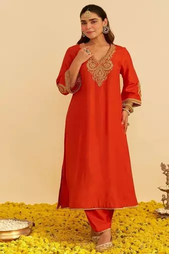 Orange embroidered silk kurta set