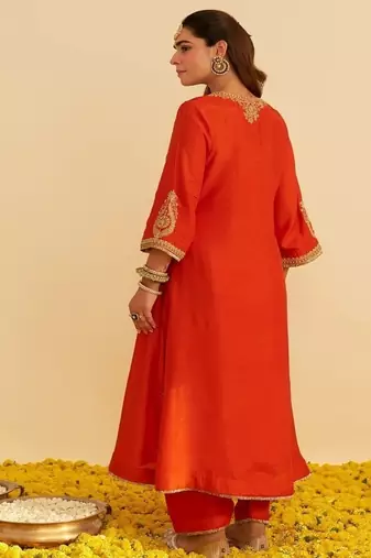 Orange embroidered silk kurta set