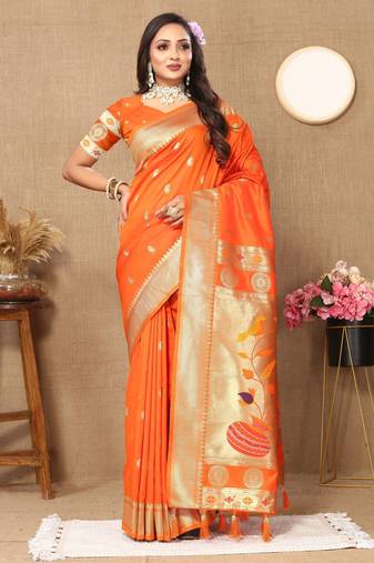 Orange color paithani silk woven meenakari jacquard designer traditional rich ethnic saree
