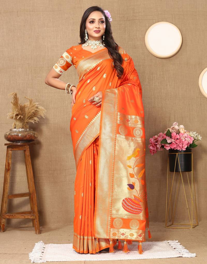 Orange color paithani silk woven meenakari jacquard designer traditional rich ethnic saree