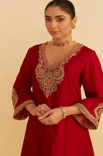 Red embroidered silk kurta set