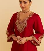 Red embroidered silk kurta set