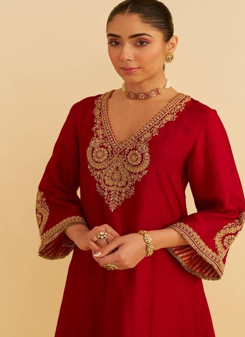 Red embroidered silk kurta set