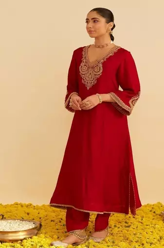 Red embroidered silk kurta set