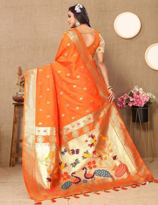 Orange paithani silk blend woven meenakari jacquard traditional rich ethnic saree 2