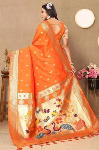 Orange paithani silk blend woven meenakari jacquard traditional rich ethnic saree
