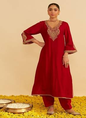 Red embroidered silk kurta set 3