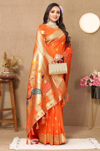 Orange paithani silk blend woven meenakari jacquard traditional rich ethnic saree