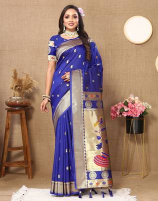 Royal blue paithani silk blend woven meenakari jacquard traditional rich ethnic saree 1