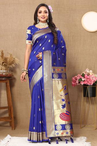 Royal blue color paithani silk woven meenakari jacquard designer traditional rich ethnic saree
