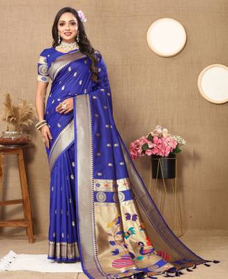 Royal blue paithani silk blend woven meenakari jacquard traditional rich ethnic saree 4