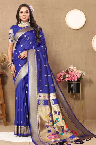 Royal blue paithani silk blend woven meenakari jacquard traditional rich ethnic saree