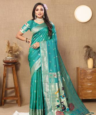 Rama paithani silk blend woven meenakari jacquard traditional rich ethnic saree 1