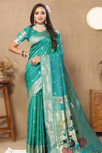 Rama color paithani silk woven meenakari jacquard designer traditional rich ethnic saree