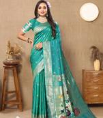 Rama color paithani silk woven meenakari jacquard traditional rich ethnic saree