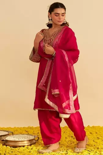 Hot pink embroidered silk kurta set