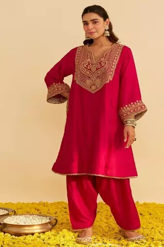 Hot pink embroidered silk kurta set