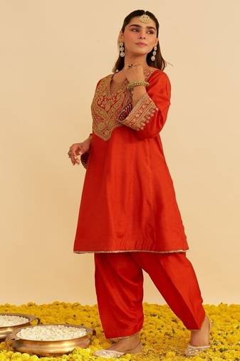 Orange embroidered silk kurta set