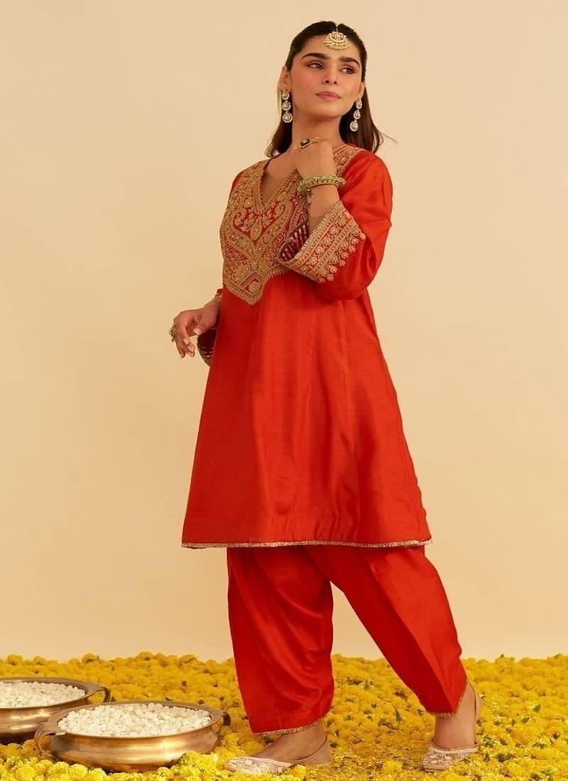 Orange embroidered silk kurta set