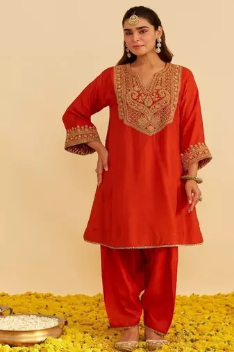 Orange embroidered silk kurta set