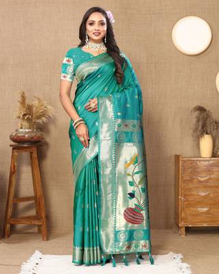 Rama paithani silk blend woven meenakari jacquard traditional rich ethnic saree 4