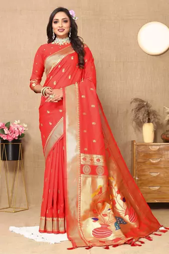 Red color paithani silk woven meenakari jacquard designer traditional rich ethnic saree