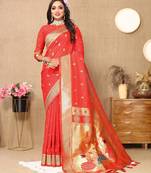 Red color paithani silk woven meenakari jacquard traditional rich ethnic saree