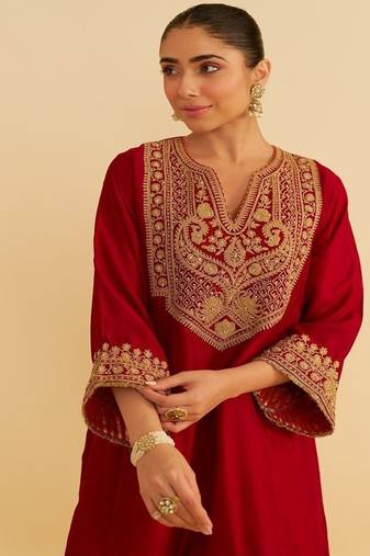 Red embroidered silk kurta set