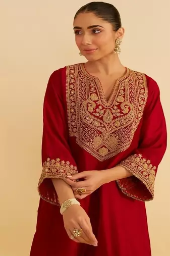 Red embroidered silk kurta set
