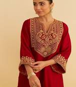 Red embroidered silk kurta set