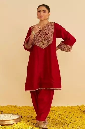 Red embroidered silk kurta set