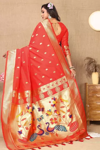 Red paithani silk blend woven meenakari jacquard traditional rich ethnic saree