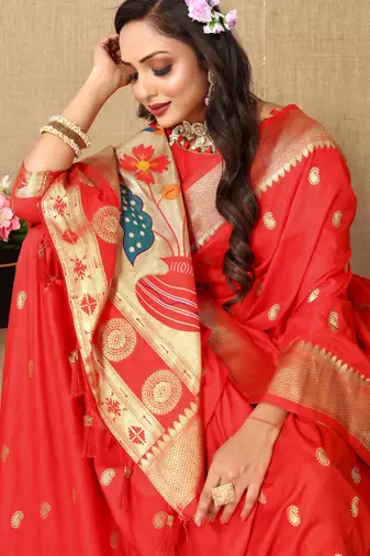 Red paithani silk blend woven meenakari jacquard traditional rich ethnic saree