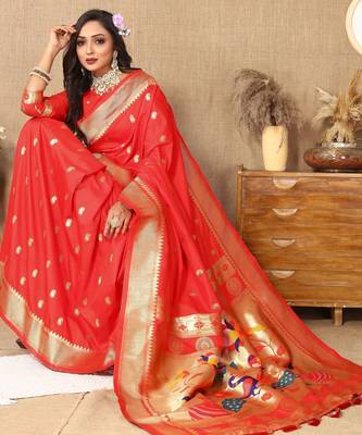 Red paithani silk blend woven meenakari jacquard traditional rich ethnic saree 4