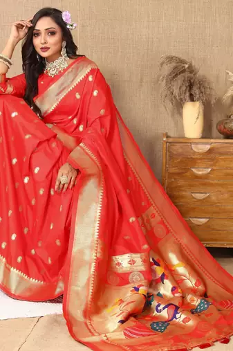 Red paithani silk blend woven meenakari jacquard traditional rich ethnic saree