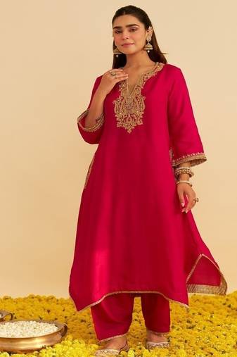 Hot pink embroidered silk kurta set