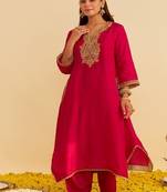 Hot pink embroidered silk kurta set