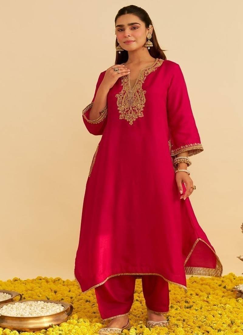 Hot pink embroidered silk kurta set