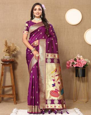 Wine paithani silk blend woven meenakari jacquard traditional rich ethnic saree 1