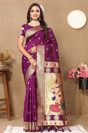 Wine color paithani silk woven meenakari jacquard designer traditional rich ethnic saree