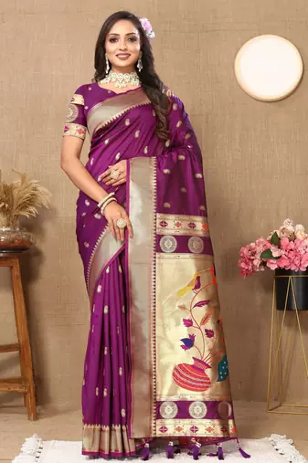 Wine color paithani silk woven meenakari jacquard designer traditional rich ethnic saree