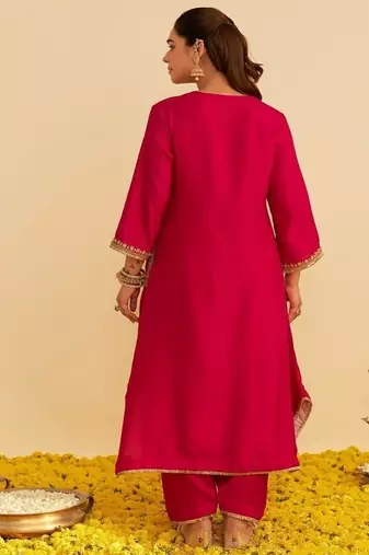 Hot pink embroidered silk kurta set