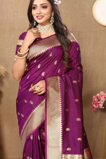 Wine paithani silk blend woven meenakari jacquard traditional rich ethnic saree