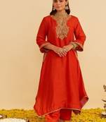 Orange embroidered silk kurta set