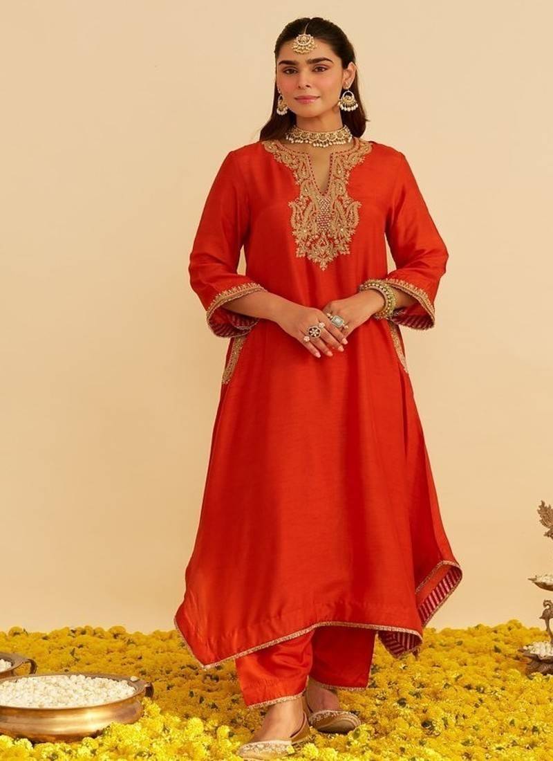 Orange embroidered silk kurta set
